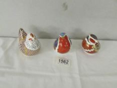 3 Royal Crown Derby paperweights, Hen, Robin and another bird.