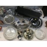 A mixed lot of silver plated items including a cased carving set with horn handles