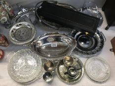 A mixed lot of silver plated items including a cased carving set with horn handles