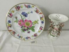 A floral encrusted vase and a Bayreuth porcelain plate.