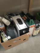 2 gas camping stoves and a box of electrical items