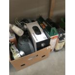 2 gas camping stoves and a box of electrical items