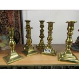 3 pairs of Victorian brass candlesticks.