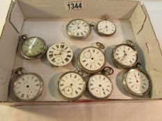 A tray of silver pocket watches for spare or repair, (10 in total).