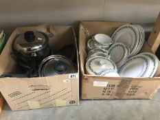 A Simpsons China style dinner set and a quantity of saucepans (2 boxes)