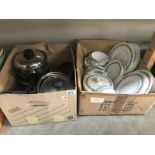 A Simpsons China style dinner set and a quantity of saucepans (2 boxes)