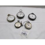 5 assorted pocket watches including silver case, Waltham etc.