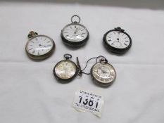 5 assorted pocket watches including silver case, Waltham etc.