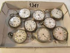 A tray of ladies silver fob watches of spare or repair (9 in total).