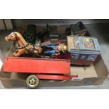 A quantity of tin plate toys including Mettoy tractor