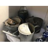 A galvanised watering can, mop bucket, 3 buckets,