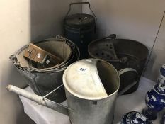 A galvanised watering can, mop bucket, 3 buckets,