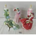 5 Royal Doulton figures - Top O' The HIll, Ascot, Miss Demure, Daphne and Lorna.