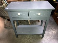 A grey painted 2 drawer side table with under gallery