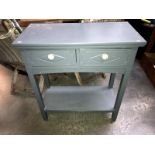 A grey painted 2 drawer side table with under gallery