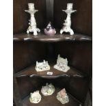 5 Lilliput lane houses, a pair of Dresden candlesticks,