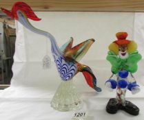 A Murano glass cockerel and a Murano glass clown.