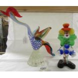 A Murano glass cockerel and a Murano glass clown.