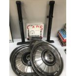 Wheel trims for a Rover P6 & 2 jacks & an encyclopedia of cars