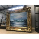 A 'Seashore' oil on canvas in ornate frame, C.Bennett. 24cm x 18.