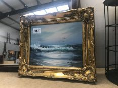 A 'Seashore' oil on canvas in ornate frame, C.Bennett. 24cm x 18.