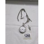 A Victorian ladies silver fob watch (not working) on a silver chain, (chain 48 grams.).