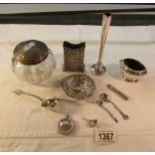 A silver match box holder (Birmingham hall mark), a silver spill vase, a silver sifter spoon,