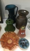 A carnival glass bowl and other items