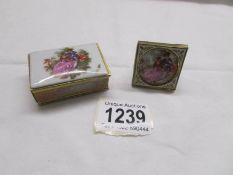 A gilded porcelain match box holder with Limoges panel and a framed porcelain miniature (signed).