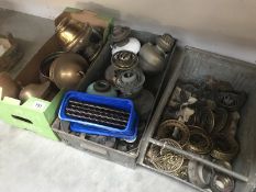 3 boxes of oil lamp fonts and parts including burners etc.