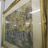 A framed and glazed watercolour forest scene, signed but indistinct.