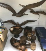 A quantity of treen/wooden items and 2 USA wall sculptures 1 A/F