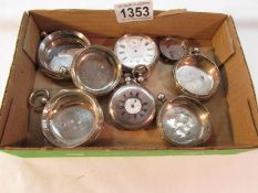 A quantity of silver pocket watch cases and 2 watches.