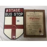 A repainted lincoln 'Stage bus stop' sign & a Lincolnshire road car co Ltd diploma