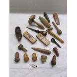 A quantity of treen items including needle cases, leather punch etc.