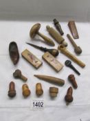 A quantity of treen items including needle cases, leather punch etc.