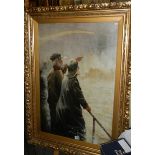 A gilt framed and glazed oil on canvas seascape painting depicting lifeboat men watching a sailing