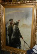 A gilt framed and glazed oil on canvas seascape painting depicting lifeboat men watching a sailing