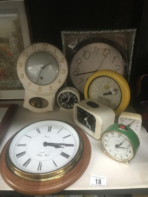 A collection of wall & alarm clocks (8 in total)