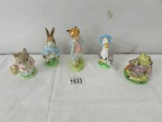 5 Beswick Beatrix Potter figures - Jemima Puddleduck, Peter Rabbit (ear a/f), Mrs Tittlemouse,