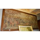 An oak framed large Flemish tapestry depicting a rural scene outside village inn. 74.