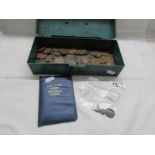 A quantity of pennies, a decimal coin set, 4 Roman coins etc.