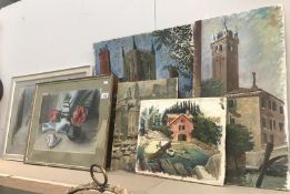 6 paintings of various scenes including Lincoln Cathedral from Greenstone Place by Winifred Evans