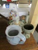 A mixed lot of pottery vases, candlesticks and jug.