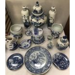 16 items of blue and white Delft including lidded vases, jug etc.