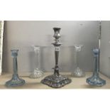 A silver plated candlestick and 2 pairs of glass candlesticks