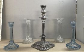 A silver plated candlestick and 2 pairs of glass candlesticks