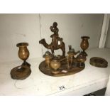 An olive wood Israeli treen desk set, pair of pin cushions & vases etc.