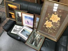 A Large collection of prints including framed and glazed dyed fabric picture of flowers