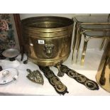 A large brass log bin 2 horse brass martingales & a trivet